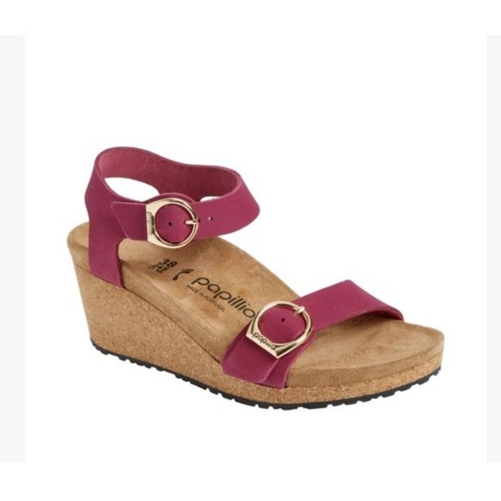 New Birkenstock Soley Papillio Sandals Size 38 Pink Wedge Ankle Strap 245
